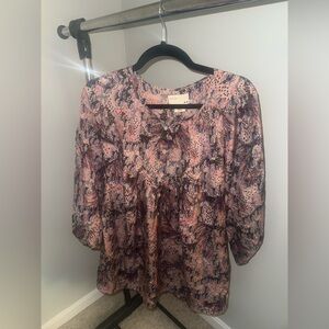 Rutzou 100% Silk Tunic Soft Floral Print Pink 3/4 Balloon Sleeve Button Size 16